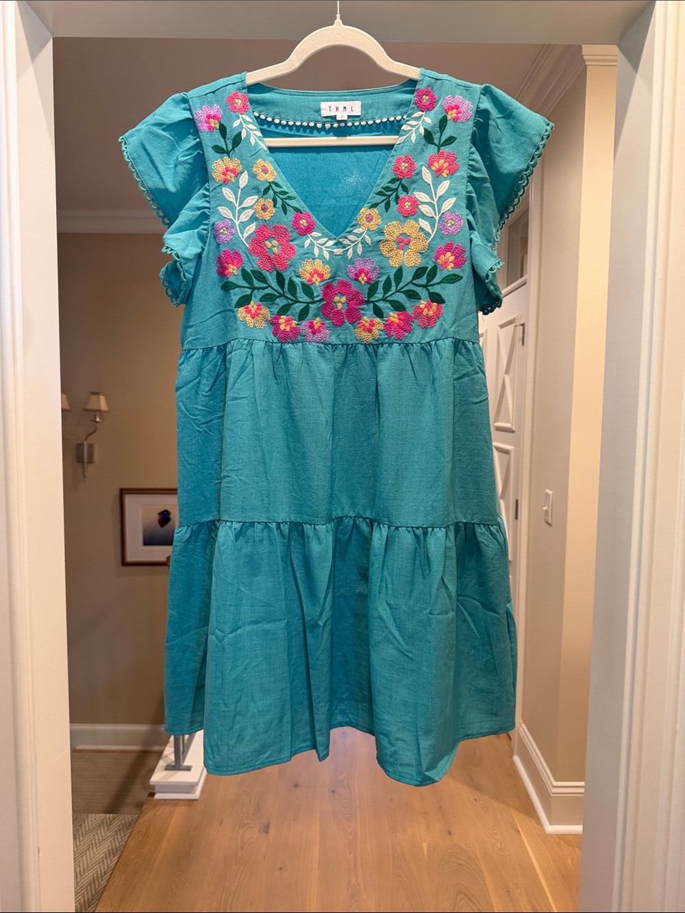 THML Embroidered Teal Dress with Floral embroidery (bw)